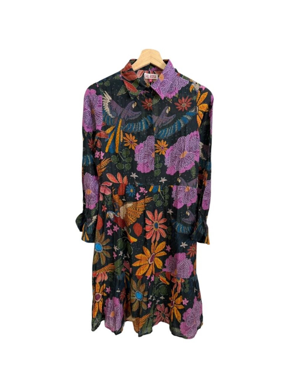 Sal Rosa Maximalist Tropical Floral Bird Print Silk Blend Shirt Dress Black XS